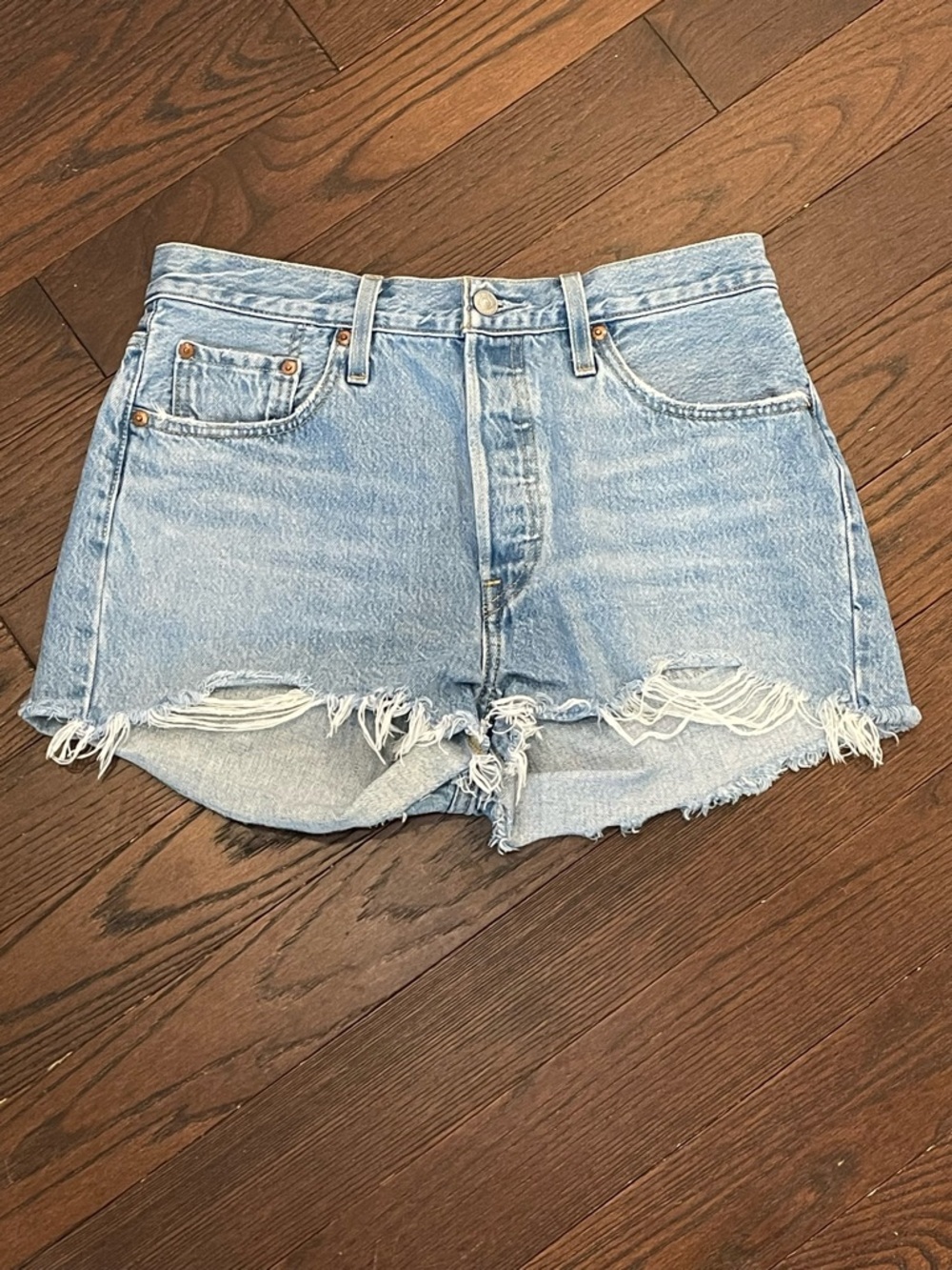 Levi's 501 button front Light Blue Distressed Denim Cutoff Shorts - Picture 10 of 11